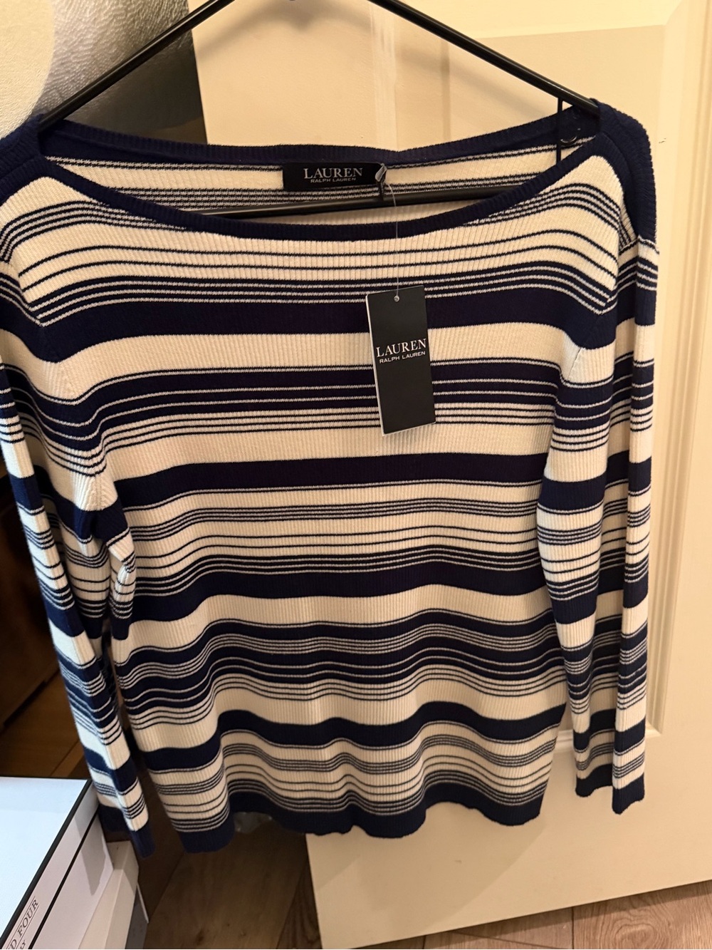 Lauren Ralph Lauren Navy and White Striped Scoop-Neck Sweater